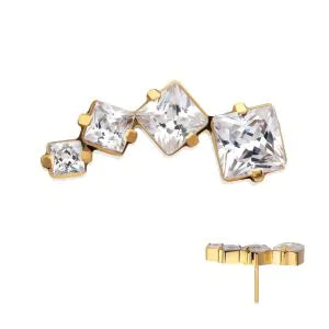 24Kt Gold PVD Titanium Threadless Prong Set Princess Cut Gem Staggered 4-Cluster Top