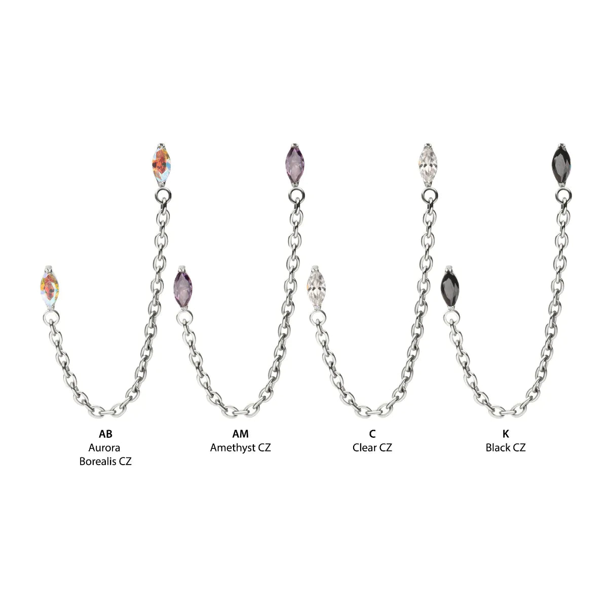 Titanium Threadless Double Prong Set Marquise Gem Top with Rolo Chain Dangle