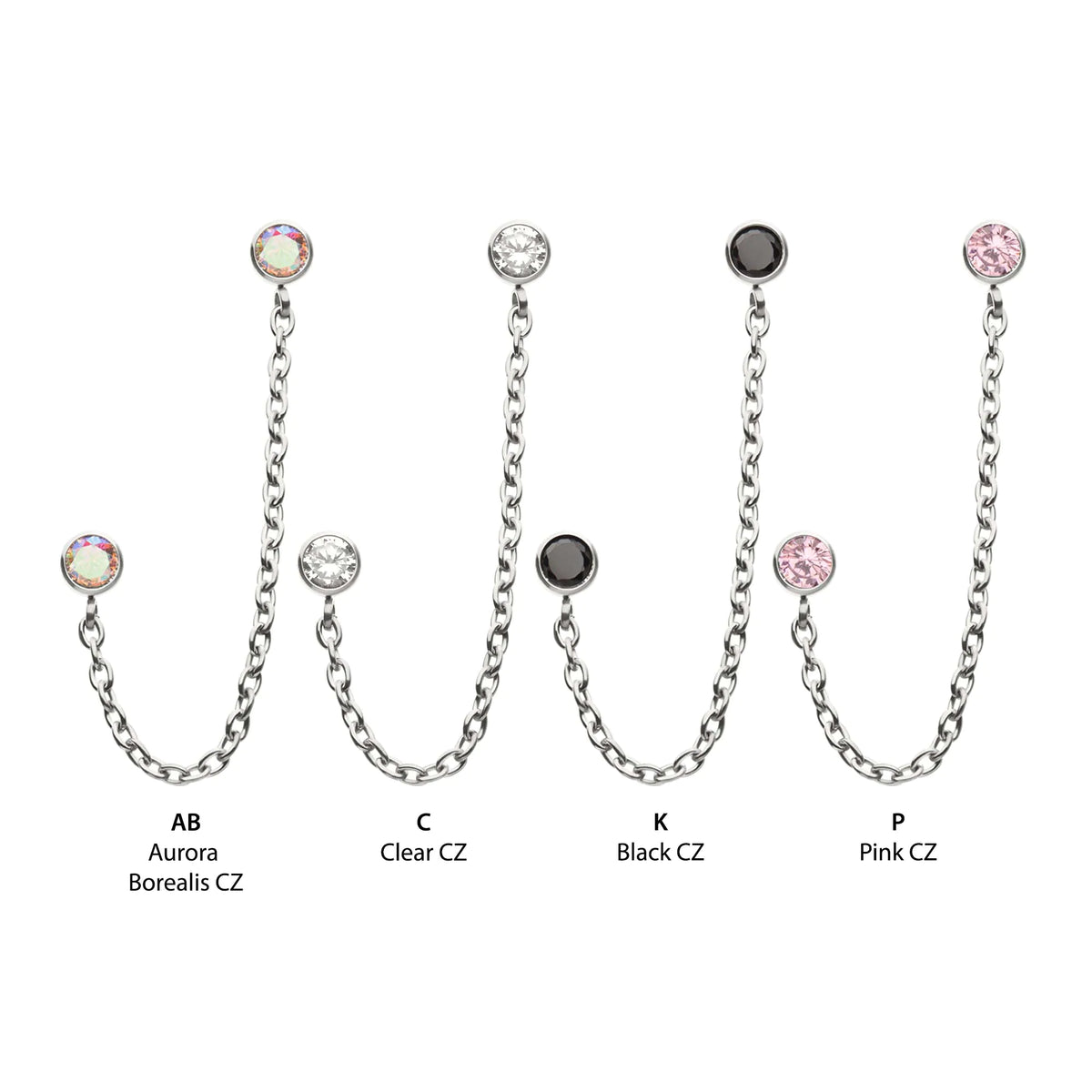 Titanium Threadless Double Bezel Set Gem Top with Rolo Chain Dangle