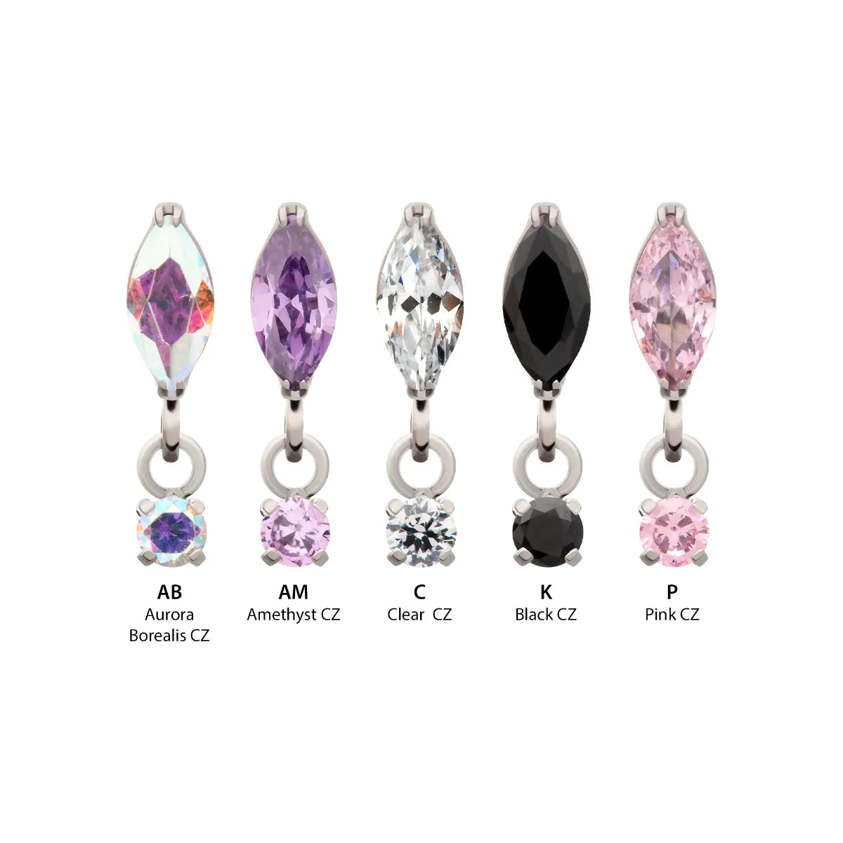 Titanium Threadless Marquise Top with Prong Set Gem Dangle