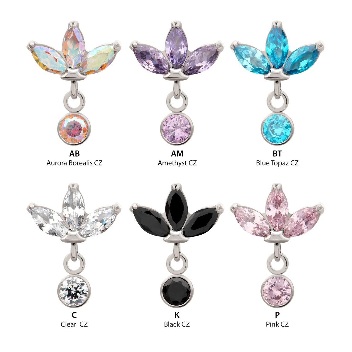 Titanium Threadless 3 Marquise Fan Top with Bezel Gem Dangle