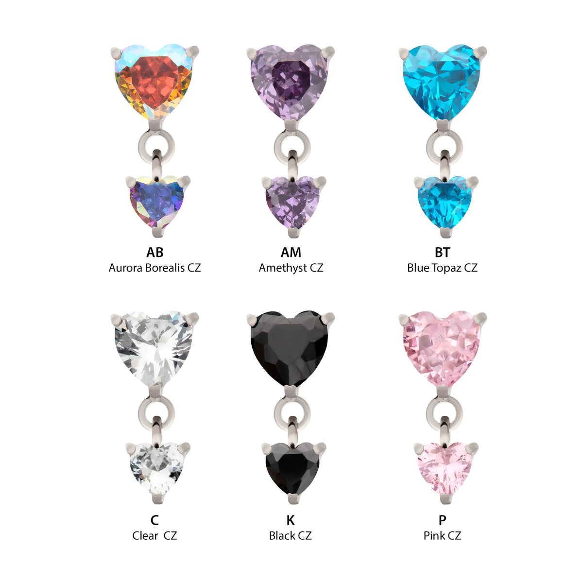Titanium Threadless Prong Set Double Heart Gem Dangle Top