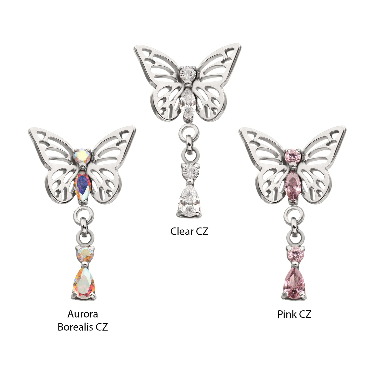 Titanium Threadless Butterfly Top with Prong Set 2-Gem Dangle