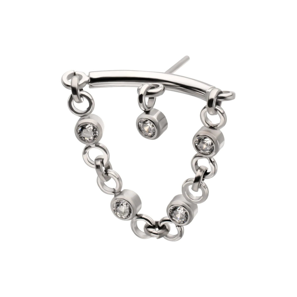 Titanium Threadless Vertical Helix Curved Bar Top with CZ Chain Dangle & Floating Gem
