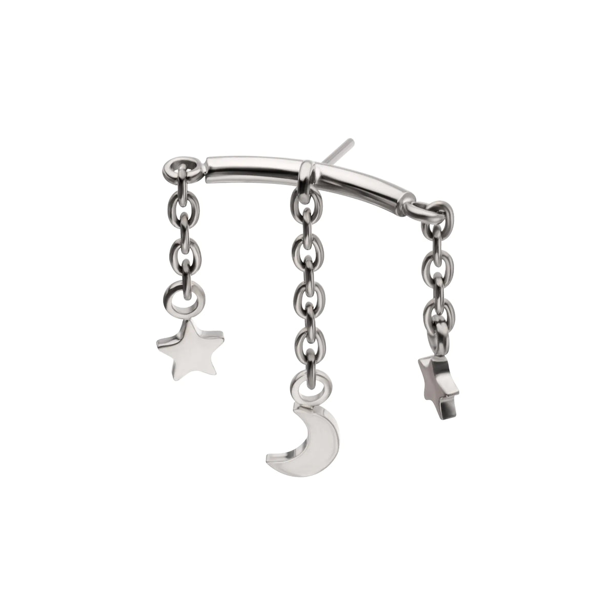 Titanium Threadless Vertical Helix Curved Bar Top with Crescent Moon and Star 3-Chain Dangle