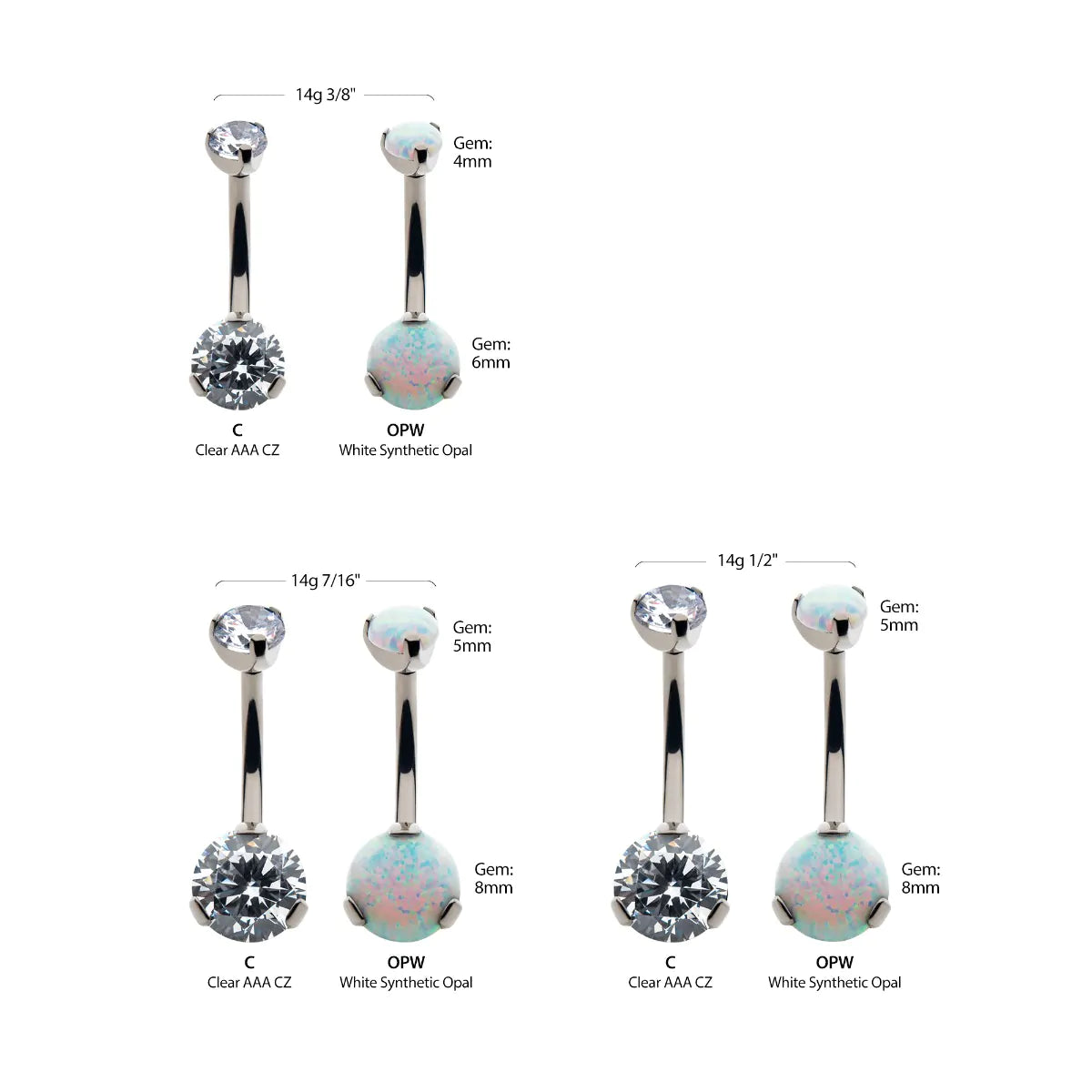Titanium Threadless with Prong Set Round AAA CZ/Synthetic Opal Detachable Top and Non-Dangle Navel Curve