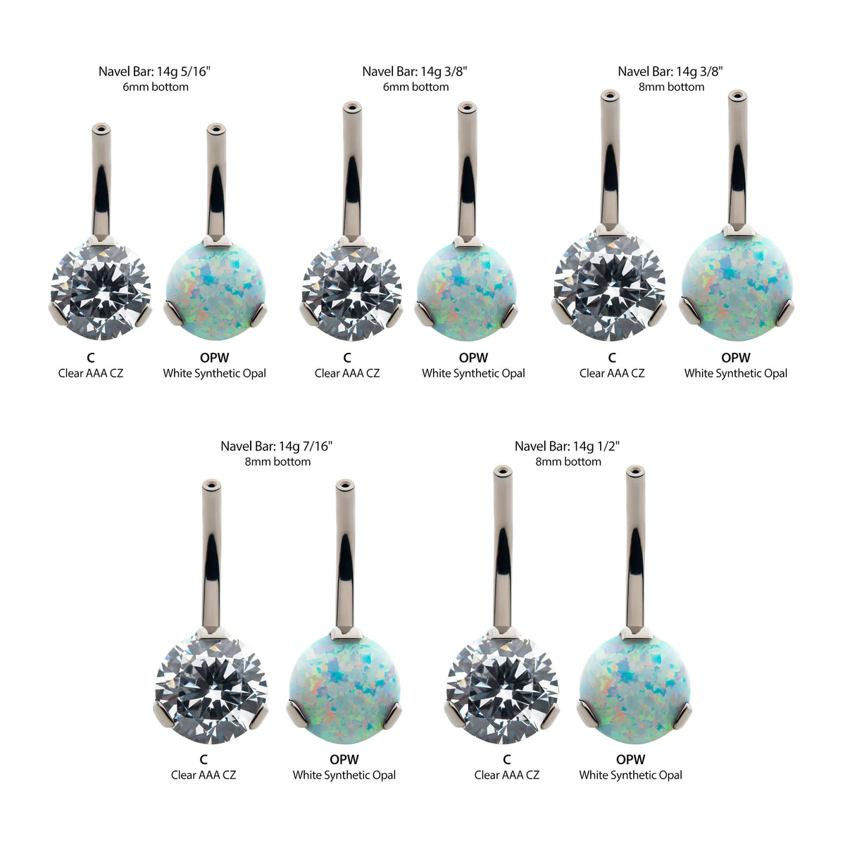 Titanium Threadless with Prong Set Round AAA CZ/Synthetic Opal Non-Dangle Only Navel Curve