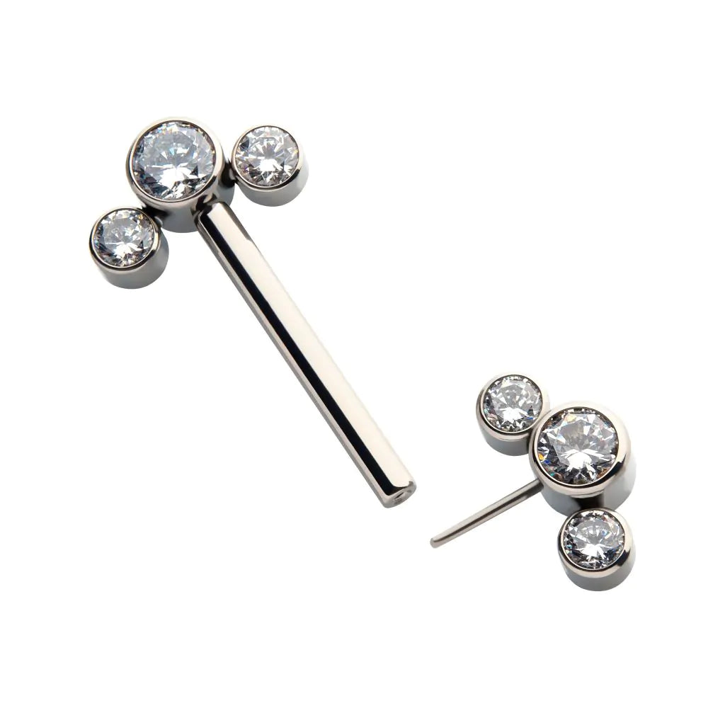 Titanium with One Side Fixed & One Side Threadless Nipple Barbell with Bezel Set CZ 3-Cluster Ends