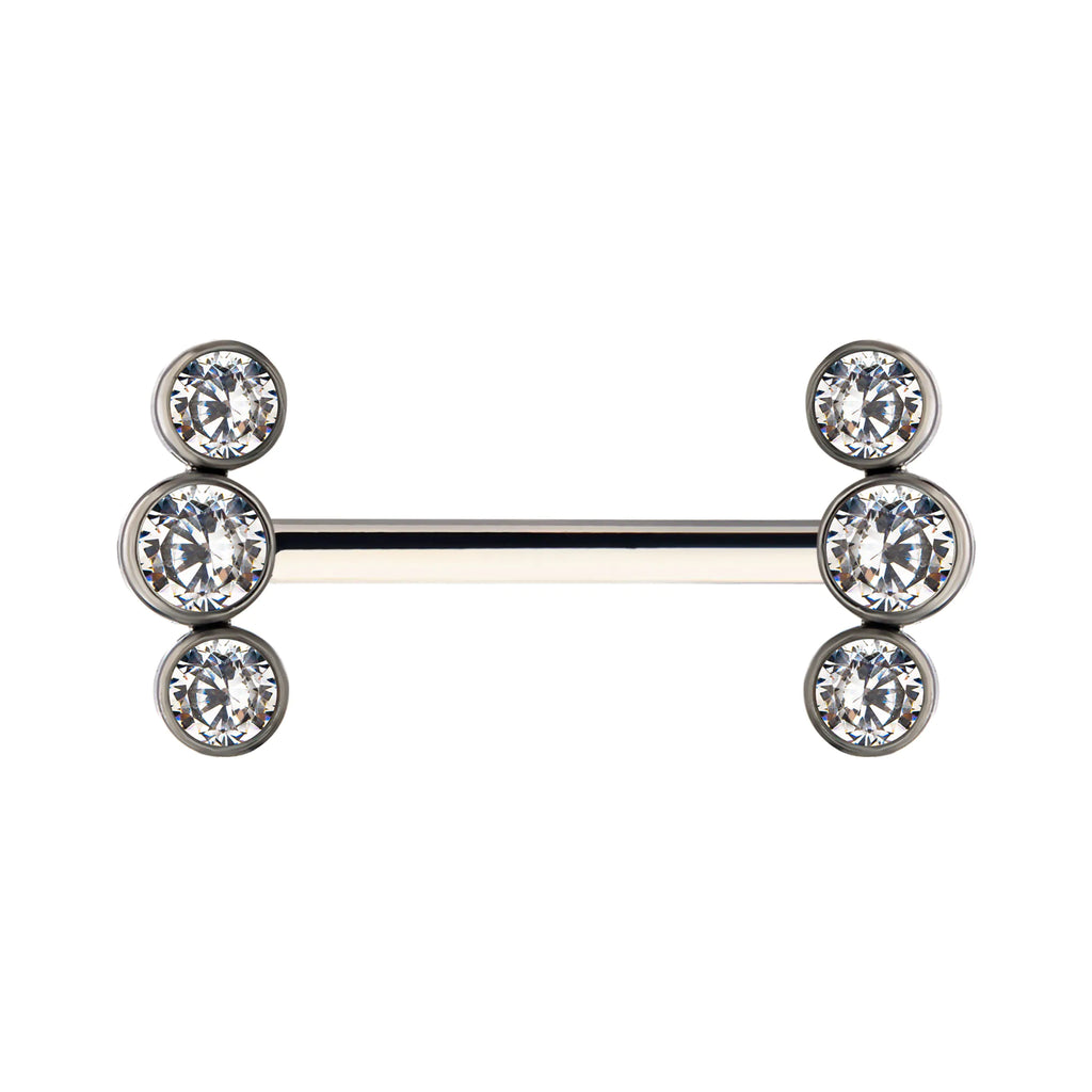 Titanium with One Side Fixed & One Side Threadless Nipple Barbell with Bezel Set CZ 3-Cluster Ends