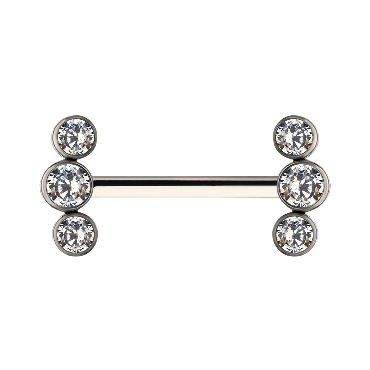 Titanium with One Side Fixed & One Side Threadless Nipple Barbell with Bezel Set CZ 3-Cluster Ends