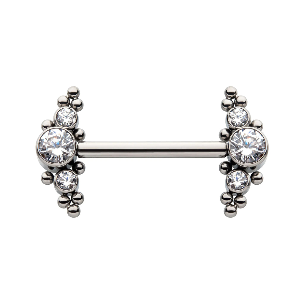 Titanium with One Side Fixed & One Side Threadless Nipple Barbell with Trio Beads & Bezel Set CZ 3-Cluster Ends