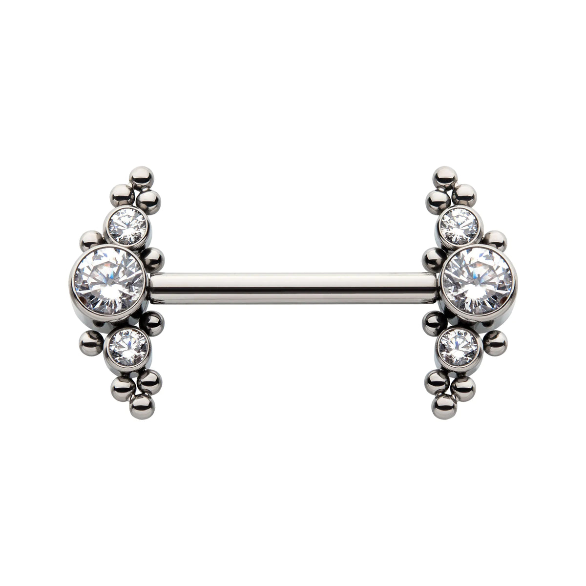 Titanium with One Side Fixed & One Side Threadless Nipple Barbell with Trio Beads & Bezel Set CZ 3-Cluster Ends