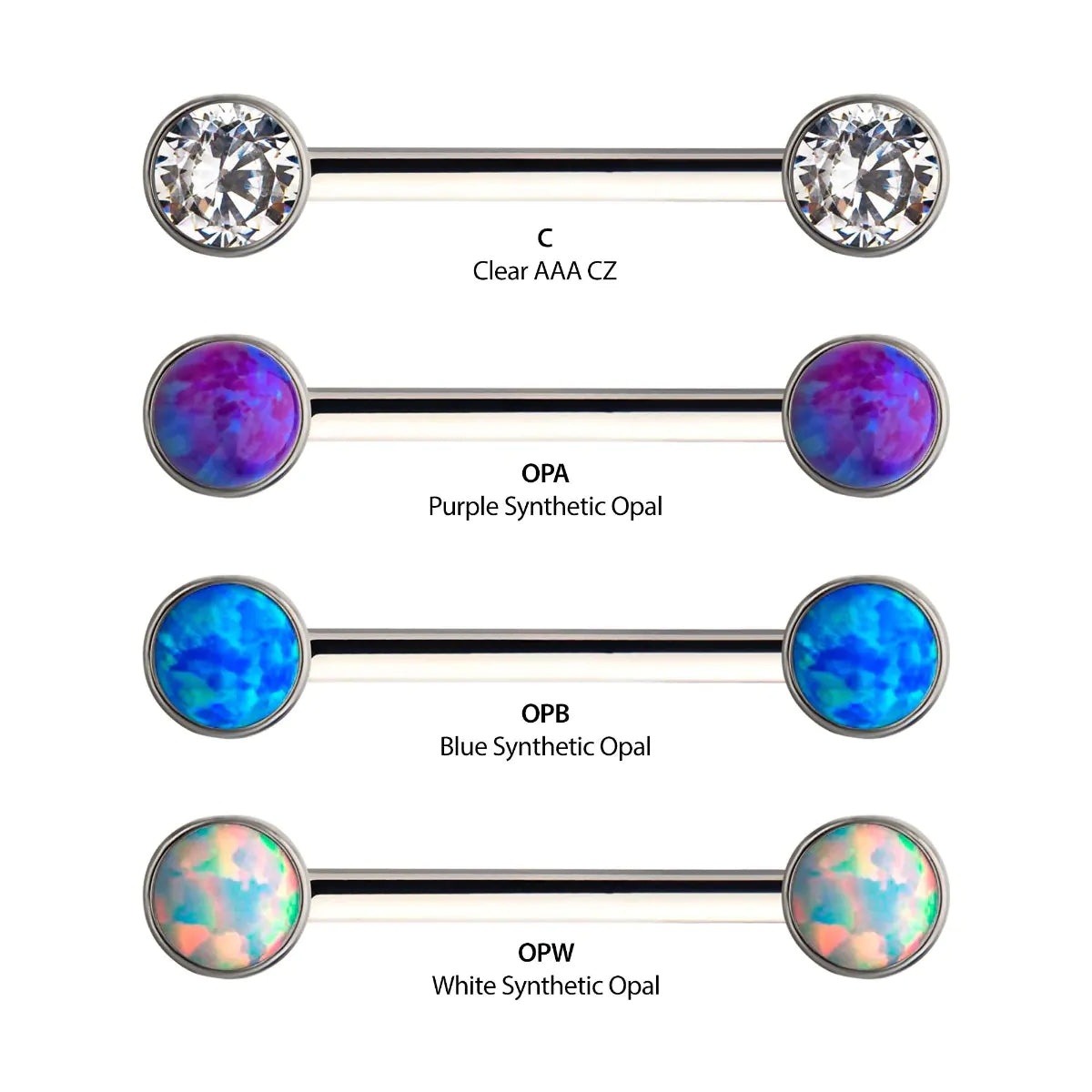 Titanium with One Side Fixed & One Side Threadless Nipple Barbell with Bezel Set CZ/Opal Ends
