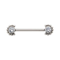 Titanium with One Side Fixed & One Side Threadless Nipple Barbell with Clustered Beads & Bezel Set CZ Ends