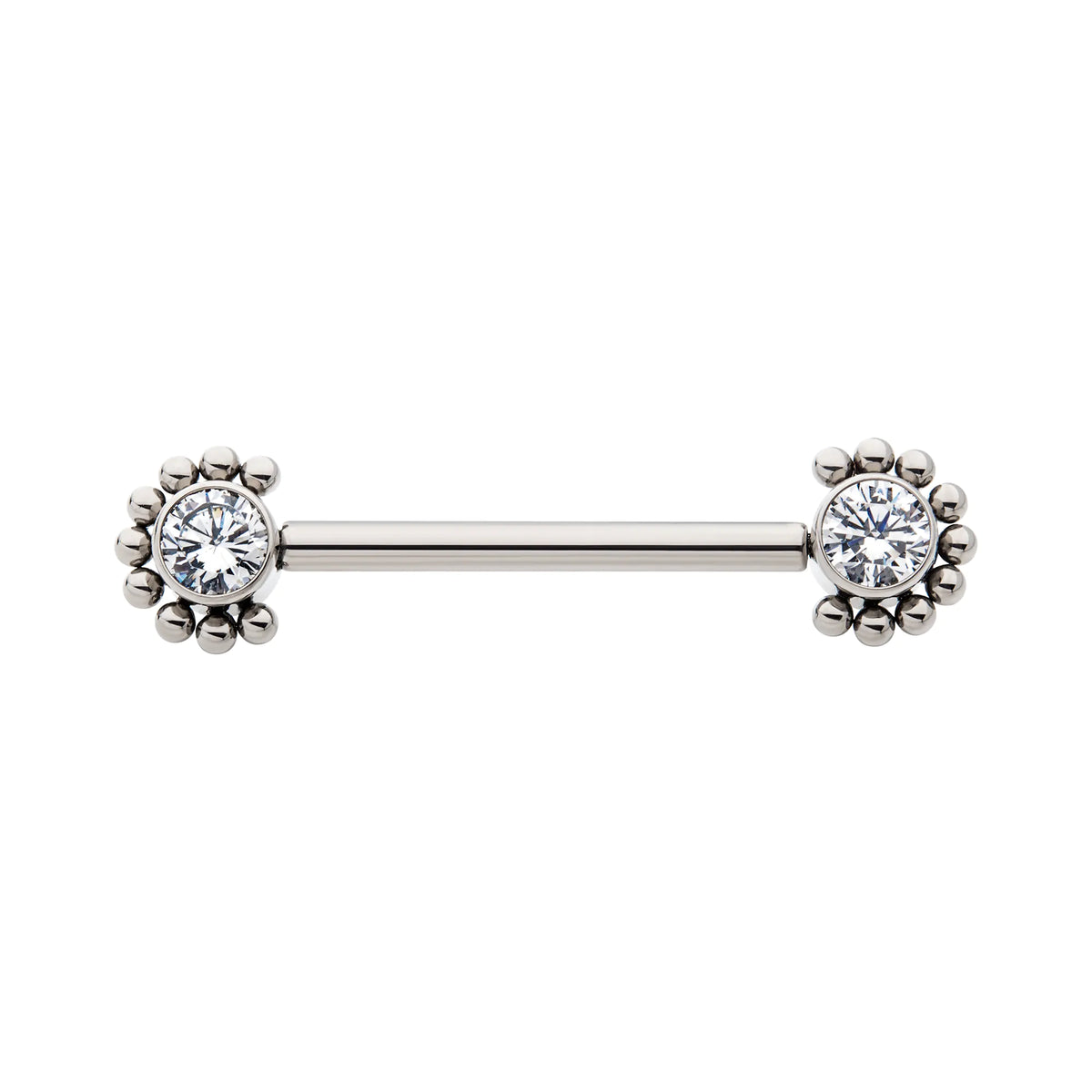 Titanium with One Side Fixed & One Side Threadless Nipple Barbell with Clustered Beads & Bezel Set CZ Ends