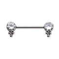 Titanium with One Side Fixed & One Side Threadless Nipple Barbell with Trio Bead & Bezel Set CZ Ends