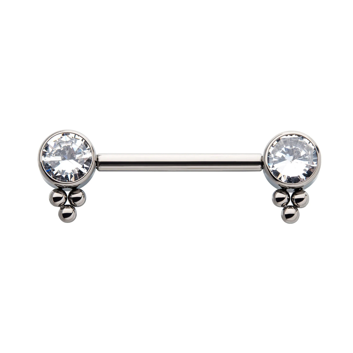 Titanium with One Side Fixed & One Side Threadless Nipple Barbell with Trio Bead & Bezel Set CZ Ends
