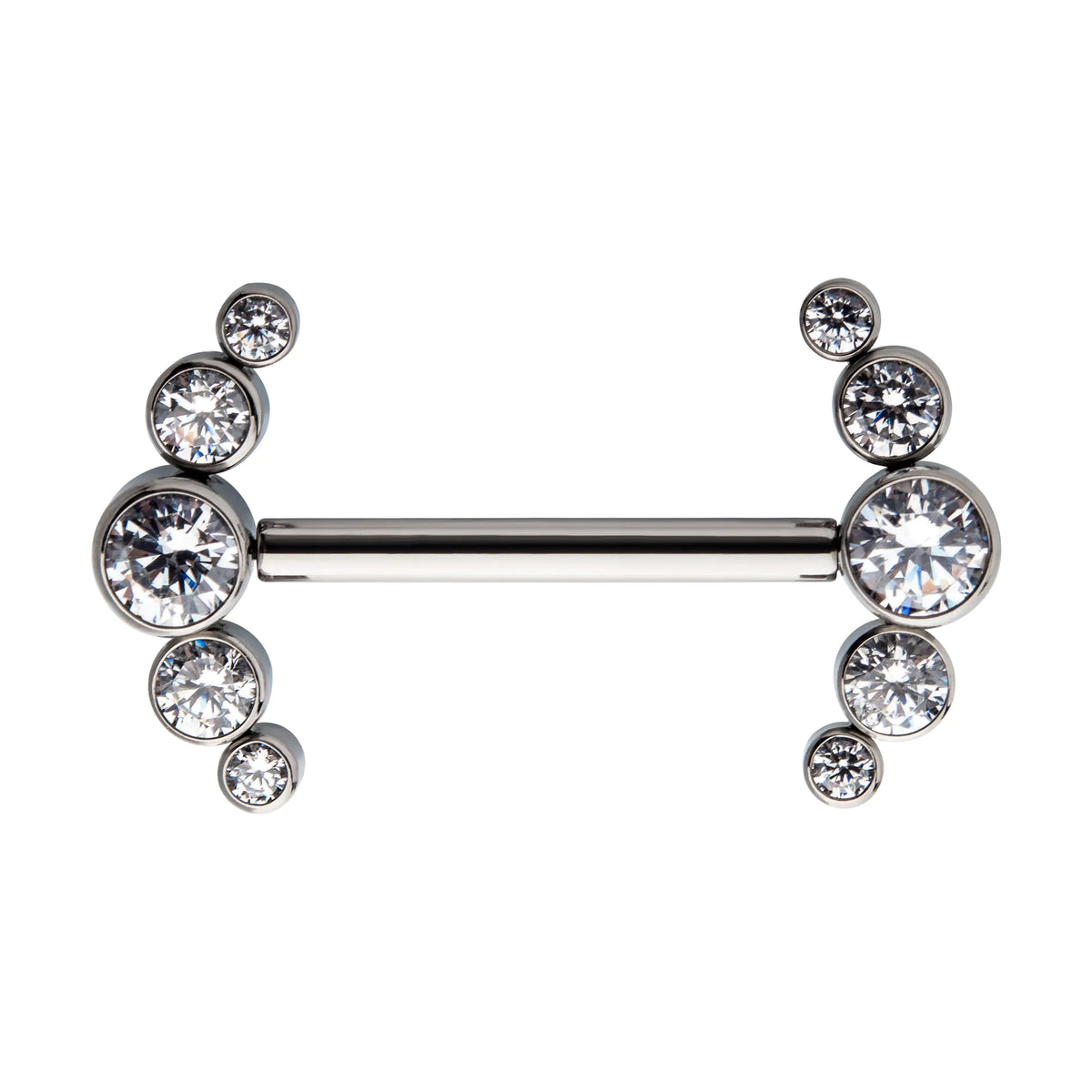 Titanium with One Side Fixed & One Side Threadless Nipple Barbell with Bezel Set CZ 5-Cluster Ends