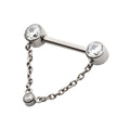 Titanium Threadless Bezel Round CZ Nipple Barbell with Dangle Chain