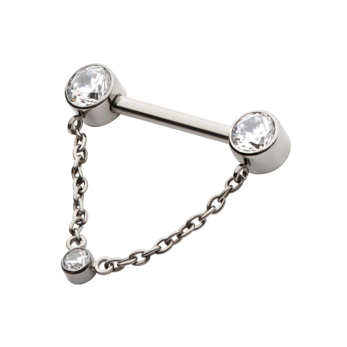 Titanium Threadless Bezel Round CZ Nipple Barbell with Dangle Chain