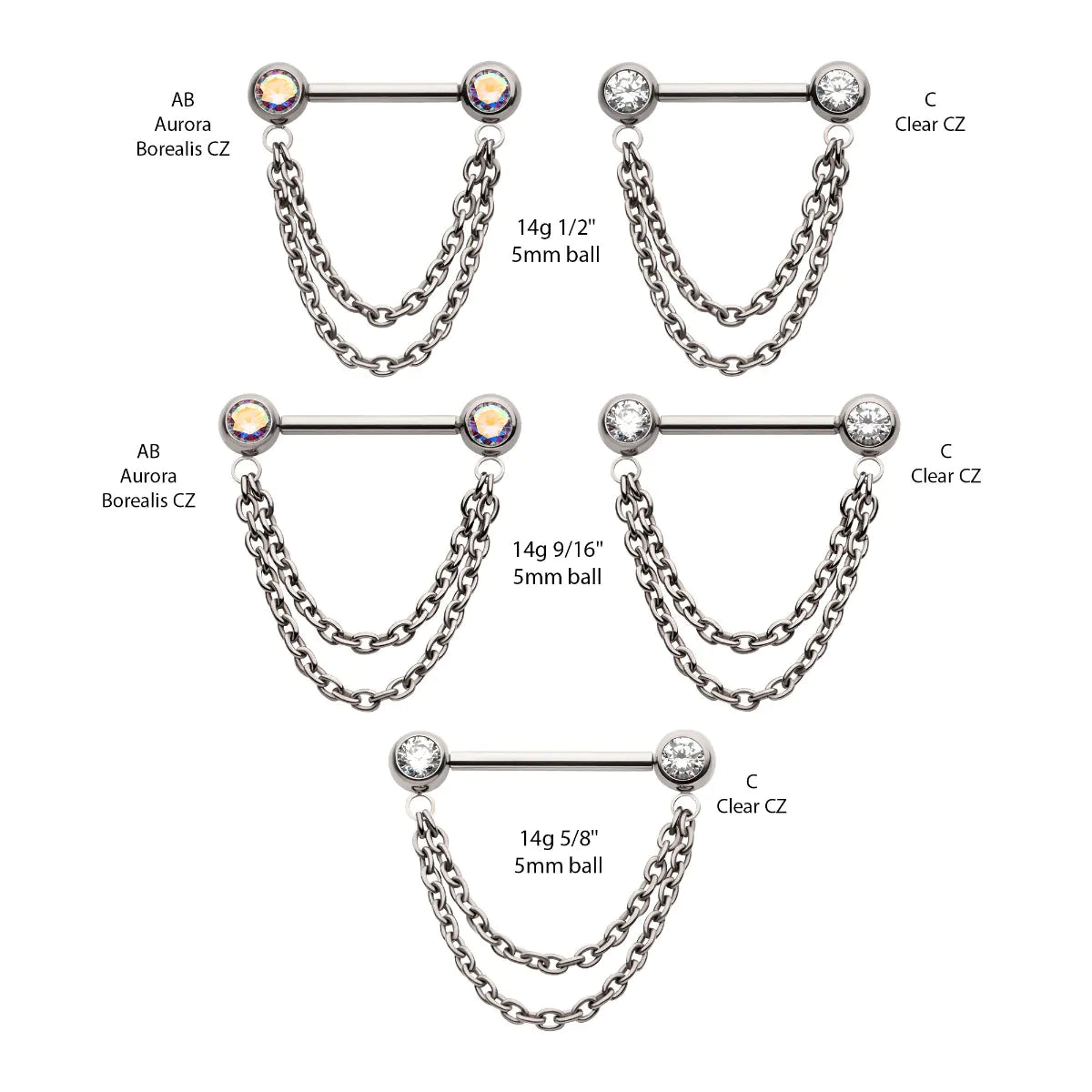 Titanium Double Chain Dangle with One Side Threadless, One Side Fixed Bezel Set Gem Nipple Bar