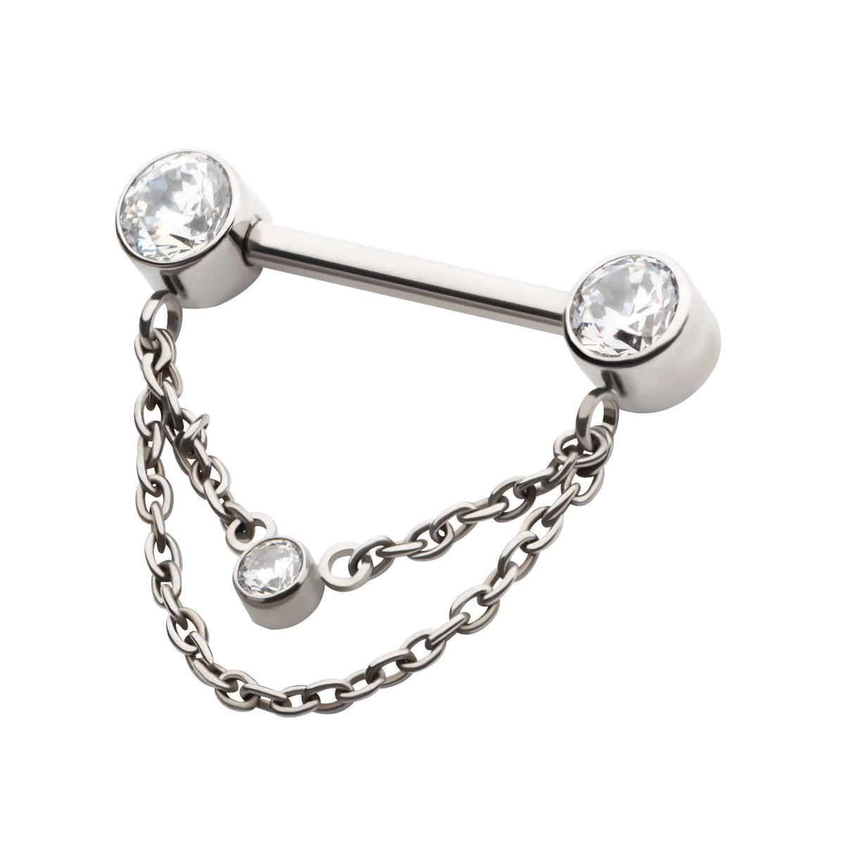 Titanium Threadless Bezel Round CZ Nipple Barbell with 2 Tier Chain