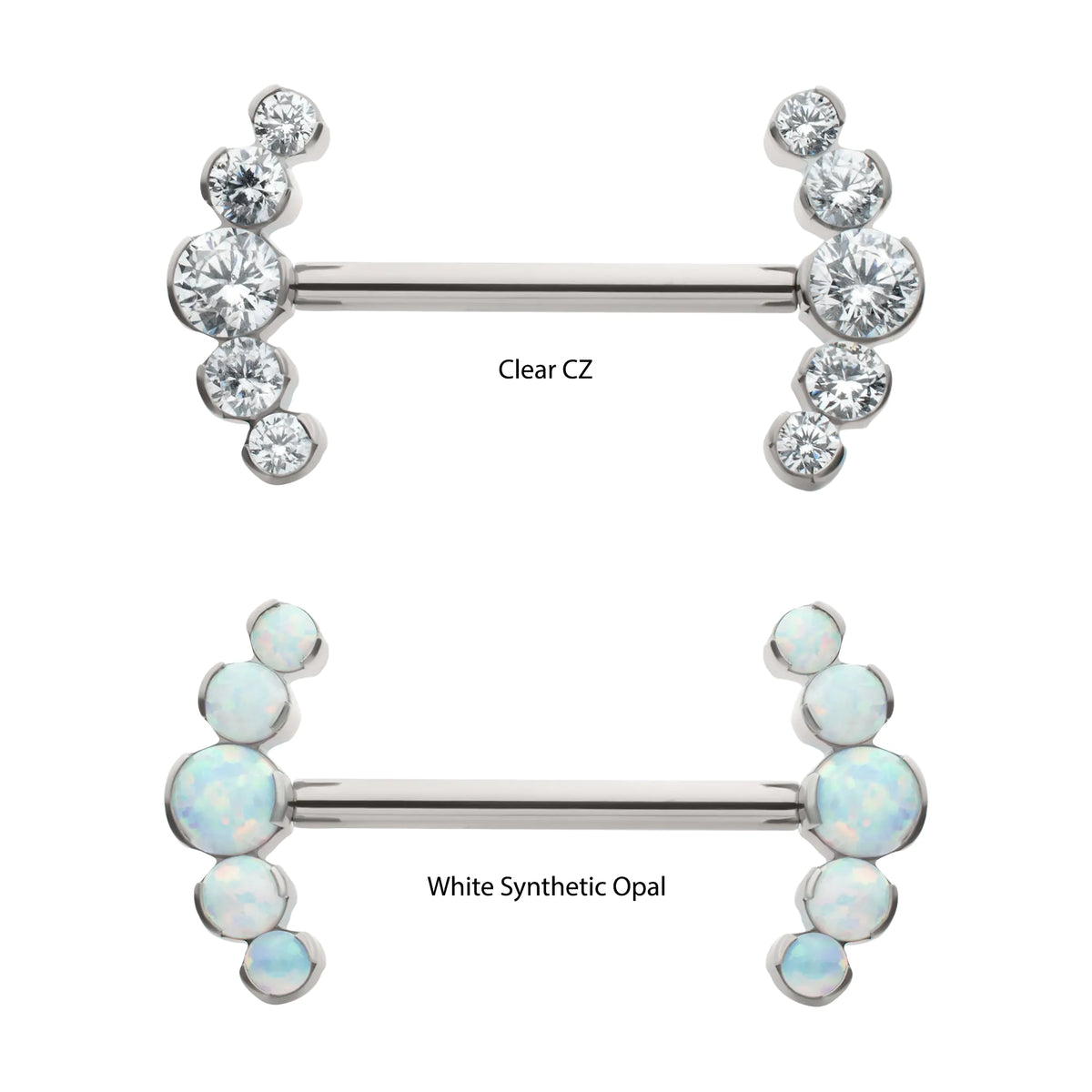 Titanium Semi-Bezel Set Round Gem/Opal 5-Cluster End Nipple Barbell (One Side Fixed, One Side Threadless )
