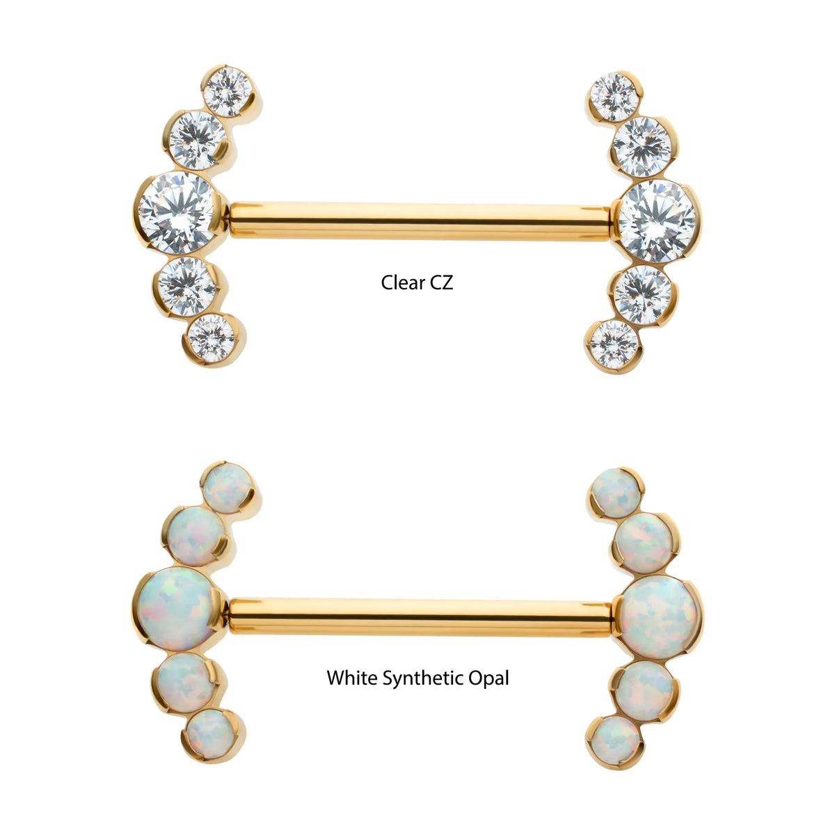 24Kt Gold PVD Titanium Semi-Bezel Set Round Gem/Opal 5-Cluster End Nipple Barbell (One Side Fixed, One Side Threadless ) | Sold by piece