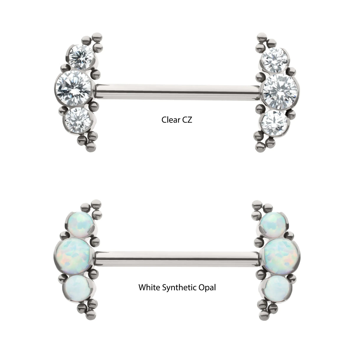 Titanium Beads and Semi-Bezel Set Round Gem/Opal 3-Cluster Ends Nipple Barbell (One Side Fixed, One Side Threadless )