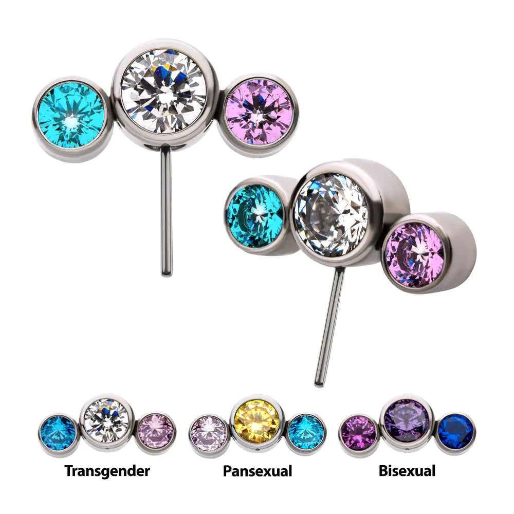 Titanium Threadless with Bi-Trans-Pan Bezel Set CZ 3-Cluster Side Facing Top