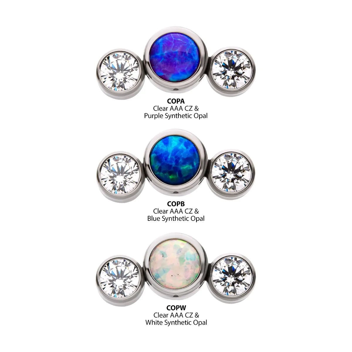 Titanium Threadless with Bezel Set Multi-Color CZ/Opal 3-Cluster Side Facing Top