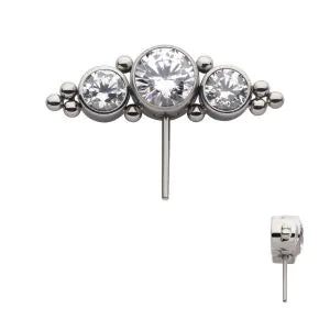Titanium Threadless with 3-Cluster Bezel Set CZ/Opal & Trio Beads Side Facing Top