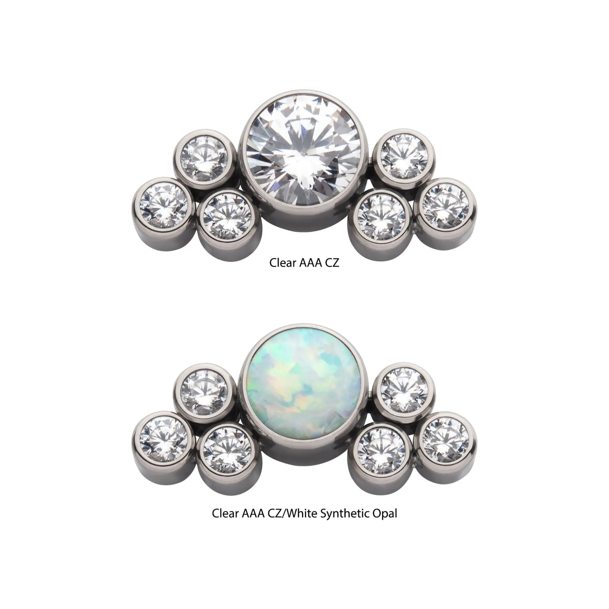 Titanium Threadless 3.5mm Bezel Round CZ/Opal with 3-Gem Cluster Side Facing Top