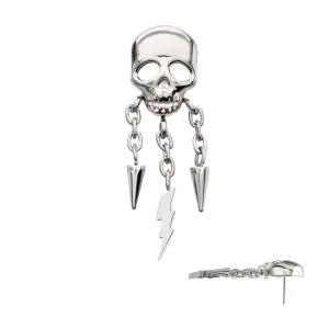 Titanium Threadless Skull Top with Spike & Lightning Bolt Dangle Chain